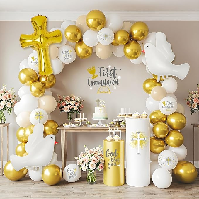 169 Pcs First Communion Decorations Balloons Kit Baptism Party Decorations White Metallic Gold Balloons Arch Kit First Holy Communion Decor for God Bless Christening Birthday Theme Party Supplies
