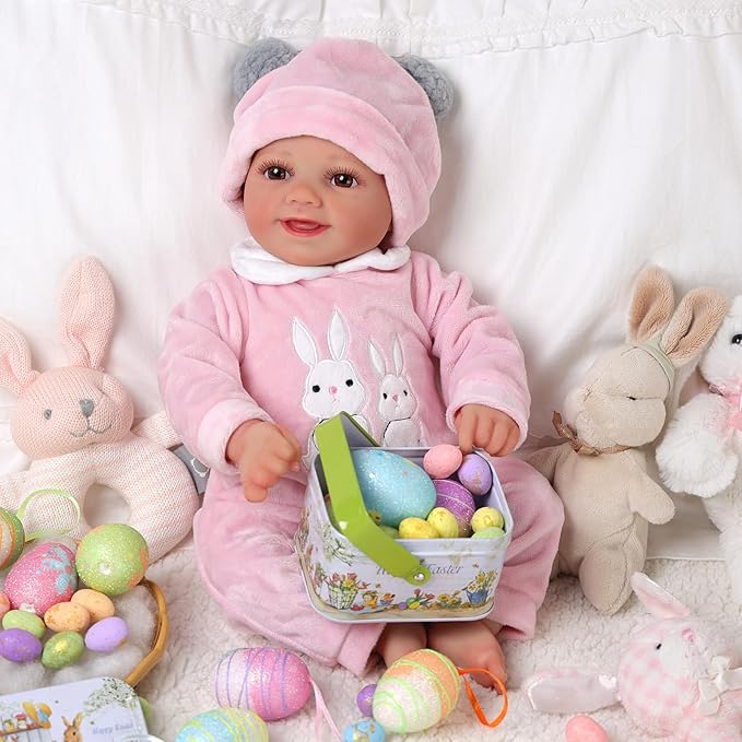 BABESIDE 2 Pcs Reborn Baby Doll Clothes with Hat for 17-22 Inch Babydolls, Cute Bunny Pattern Baby Dolls Outfits Doll Accessories fit Realistic Babydoll Girls, Pink