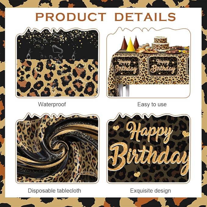 3 Pieces Brown Cheetah Print Birthday Decorations Tablecloth Black Leopard Print Birthday Party Decorations Supplies Cheetah Plastic Table Cloth Disposable Table Covers 108 x 54 Inch