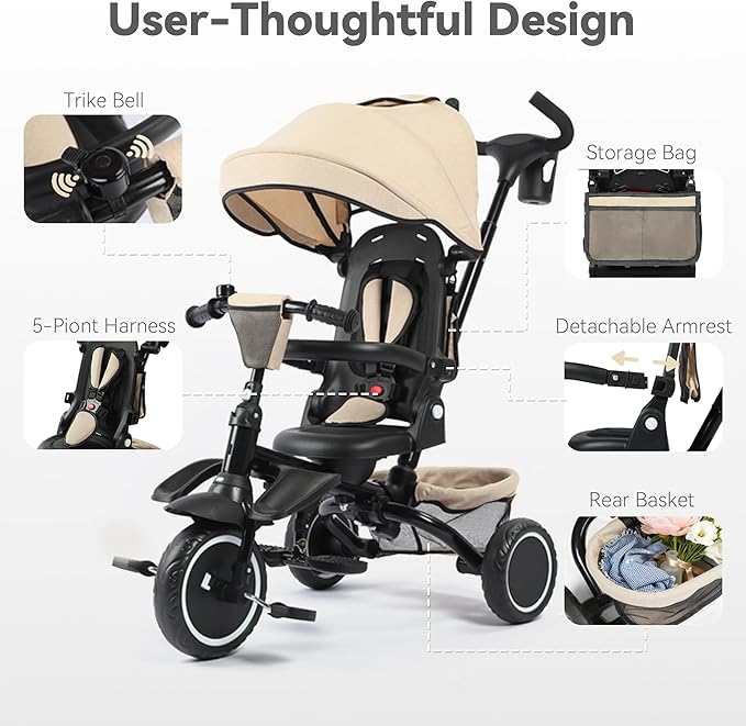 8 in 1 Kids Tricycle, Folding Toddler Tricycle w/Reversible Seat, Adjustable Push Rod & Canopy, Baby Trike Toddler Bike w/Bell, 5-Point Harness, Extra Storage, Cup Holder, Khaki