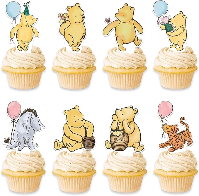 48 Pcs Winnie Baby Shower Cupcake Toppers for Classic Birthday Party Supplies Cute Winnie Cake Topper for Baby Shower Decorations