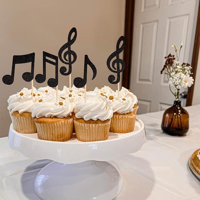 24 PCS Music Notes Cupcake Toppers Black Glitter Musical Symbol Cupcake Picks for Rock Music Concert Theme Baby Shower Wedding Birthday Party Cake Decorations Supplies