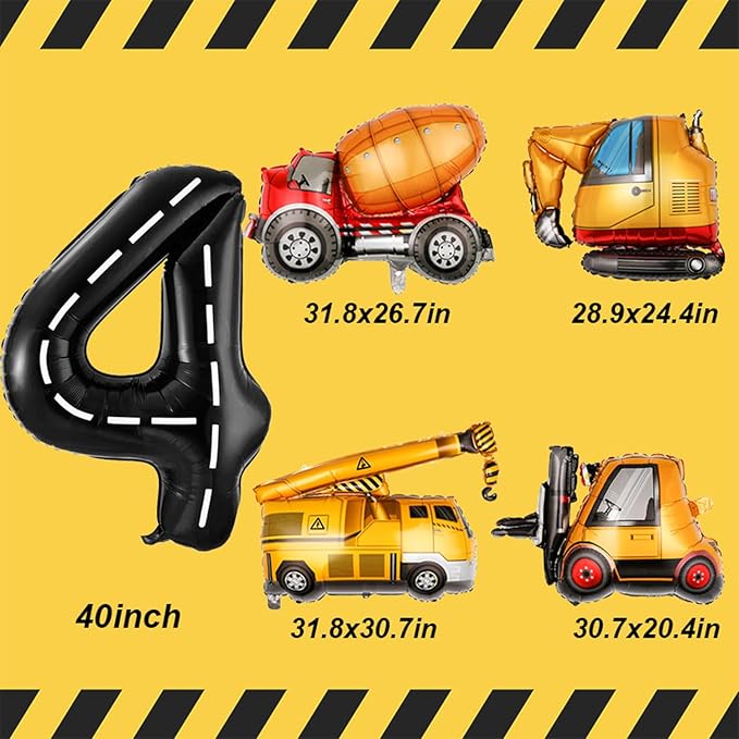 Construction Birthday Decorations 4 Year Old, Large Construction Balloons 40Inch Racetrack Black Number 4 Balloons Construction Truck Foil Balloons for Boys 4th Construction Birthday Party Supplies