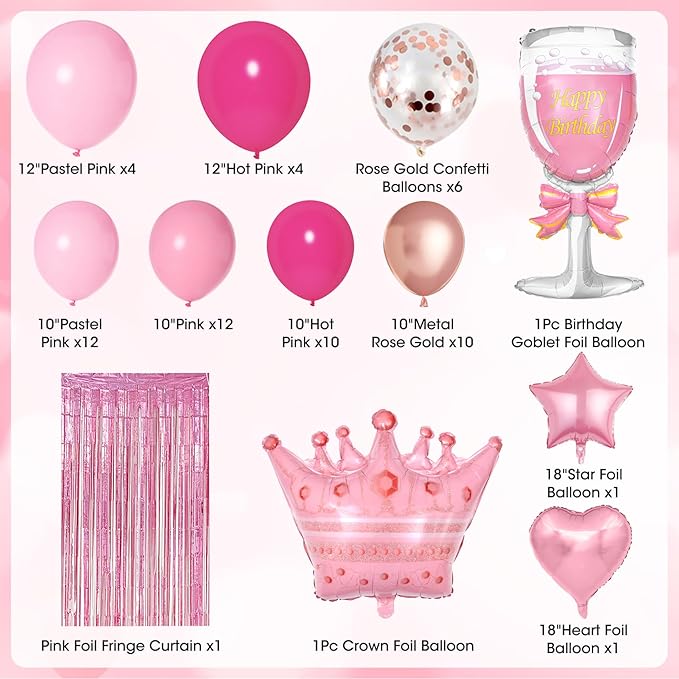 Pink Birthday Party Decorations for Women Girls, Foil Confetti Rose Gold Hot Pink Balloons Happy Birthday Banner Fringe Curtains Butterfly Decor Circle Dots Tassels Pompoms Mothers Day Party Supplies