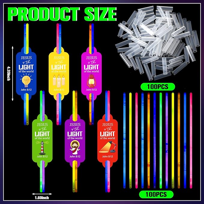 Civaner 48 Packs 2026 Vbs Gifts Cards with 100 Glow Sticks Jesus Is The Light of The Word Cards Religious Bible Verse Sticks for Vbs Sunday School Supplies
