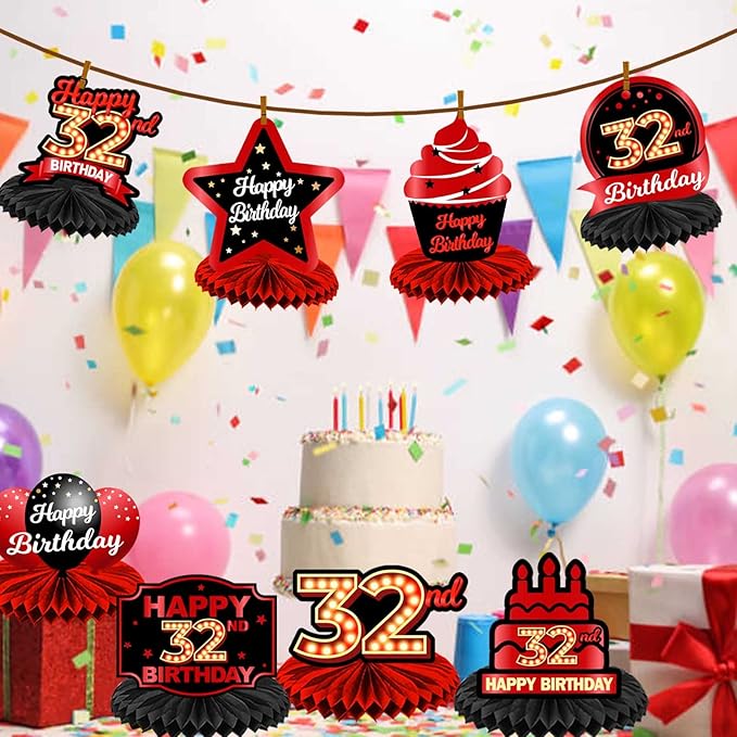 Happy 32nd Birthday Red and Black Table Honeycomb Centerpieces Balloons Theme Decor Table Decorations Table Toppers for Girls Women Princess 32 Years Old Birthday Party Bday Supplies Background Gold