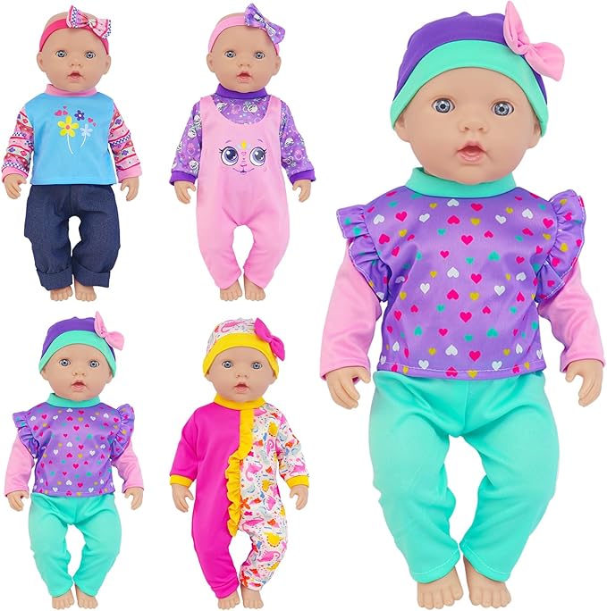 Baby Doll Clothes and Accessories 4 Sets Outfits for 14-18 Inch Dolls, 9 Pcs Dresses for 43cm New Born Baby Dolls Including Doll Dress, Headbands, Top and Pants