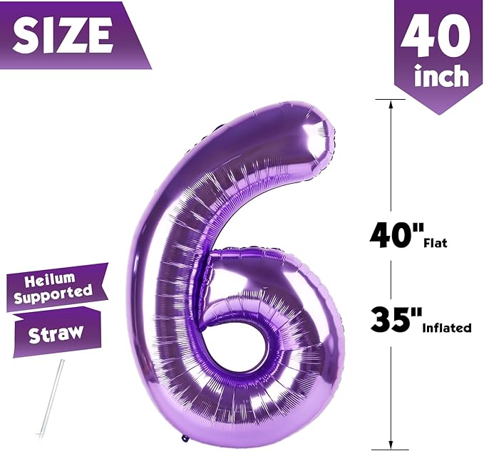 40 Inch Purple Number 6 Balloon, Giant 6 Number Balloons for 6th Birthday Decorations, Party Supplies for Baby Boy Girl, Purple Party Decor