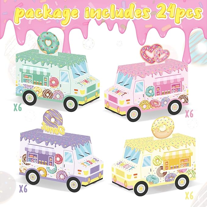 Seajan 24 Pcs Donut Party Favor Boxes - Sweet One Two Truck Treat Goodie Candy Gift Bags for Doughnut Grow Up Theme 1st 2nd Birthday Baby Shower Table Decorations Supplies for Guests