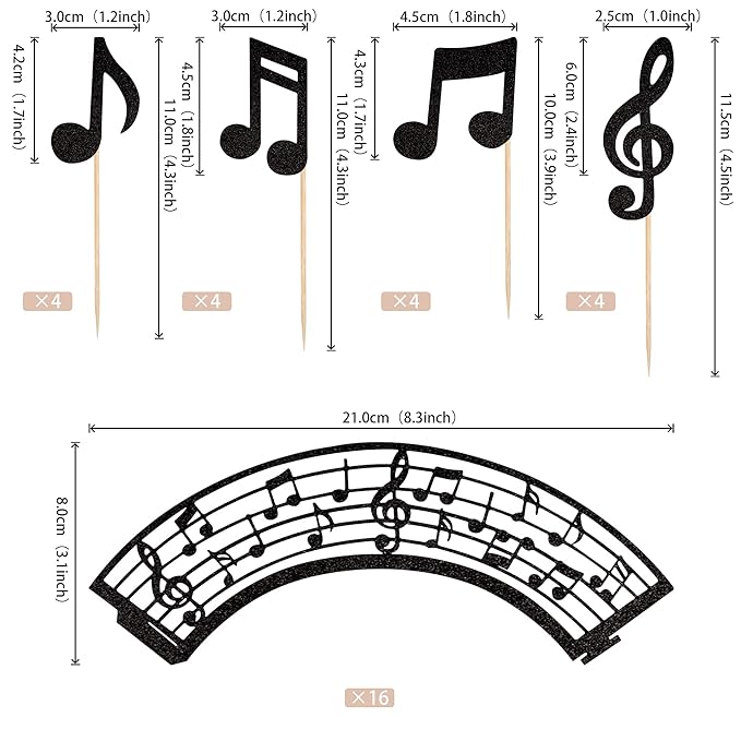 32PCS Music Notes Cupcake Toppers and Wrappers Glitter Musical Symbols Cupcake Picks for Rock Music Theme Baby Shower Kids Birthday Party Cake Decorations Supplies