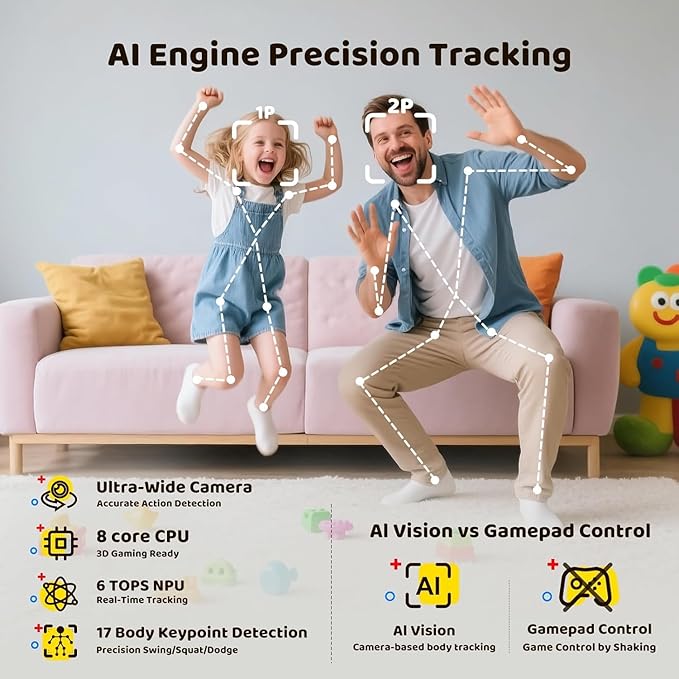 KINHANK MotionX Game Console for Kids & Family,Interactive AI Video System with 40 Games,Multi-Player Active Play Connects to TV Plug&Play for Adults & Children,No Controllers Needed