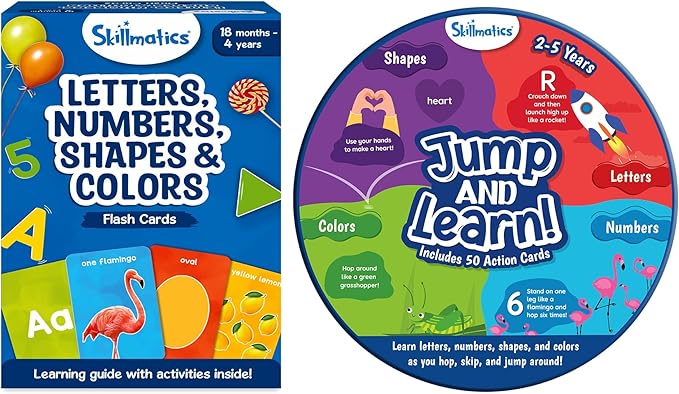 Skillmatics Thick Flash Cards & Jump and Learn Bundle, Flash Cards for Toddlers to Discover Letters, Numbers, Shapes & Colors, Preschool Learning Activities, Gifts for Kids Ages 1, 2, 3, 4, 5