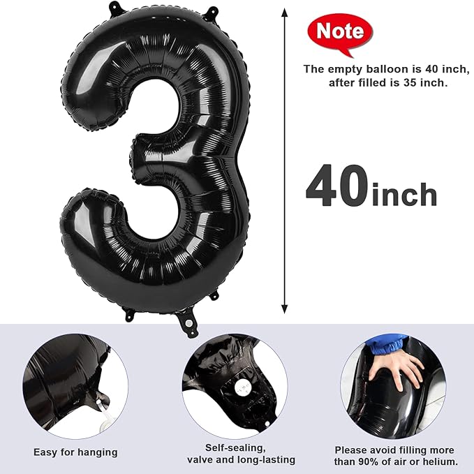 Numbers Balloon 3, 40 Inch Large Black Balloon for Three Year Old Birthday Decor, 3 13 30 31 Birthday Party Decorations for Wedding Supplies
