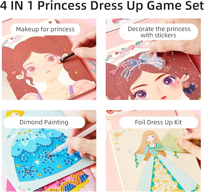 MiDeer 4-in-1 Dress Up Games Set, Princess Art Craft Kits with Makeup Books, Stickers & Diamond Painting, Mess-Free Safe DIY Art Activity, Travel Toys, Ideal Birthday for Girls 4-8+