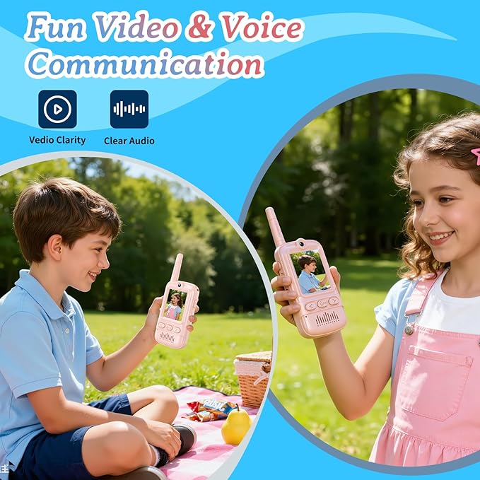 Video Walkie Talkies for Kids Rechargeable Walkie Talkies Long Range with Emoji Chat and Photo Functions Multifunctional Indoor Outdoor Toys for Kids Christmas Birthday Gifts (Pink)