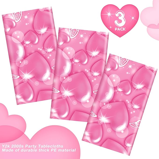 Peryiter 3 Pack 2000s Tablecloth Decorations Y2k Party Decarations Pink Table Cover Plastic Heart Butterfly Disposable Rectangle Tablecloth for Wedding Birthday Party Supplies 54 x 108 Inch