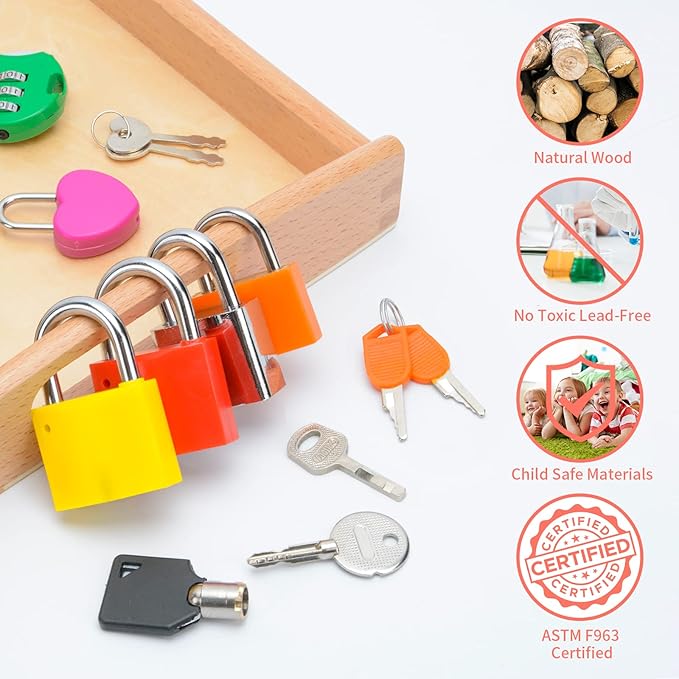 Montessori Lock and Key Set for Toddlers, Homeschool Preschool Learning Activities, Wooden Montessori Materials Learning & Education Toys for 3+ Year Old Kids
