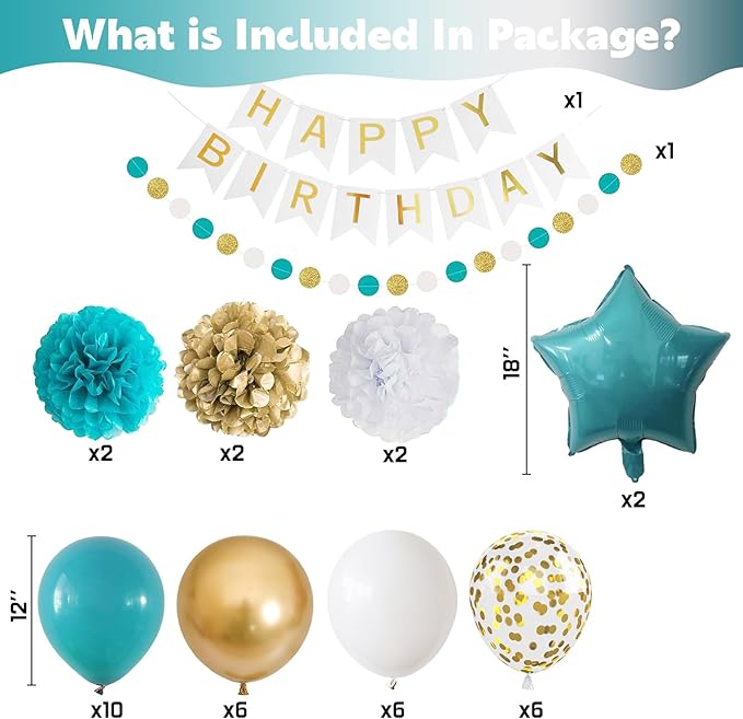 Teal & Gold Birthday Decorations - Turquoise Blue White Gold Balloons, Happy Birthday Banner, Foil Balloons, Aqua Pom Poms for Women & Girls Parties