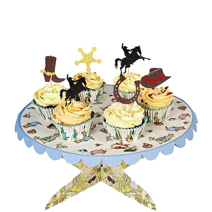 30 PCS Cowboy Cupcake Toppers Glitter HorseShoe Cowboy Hats Boots Cupcake Picks Western Theme Baby Shower Birthday Party Cake Decorations Supplies