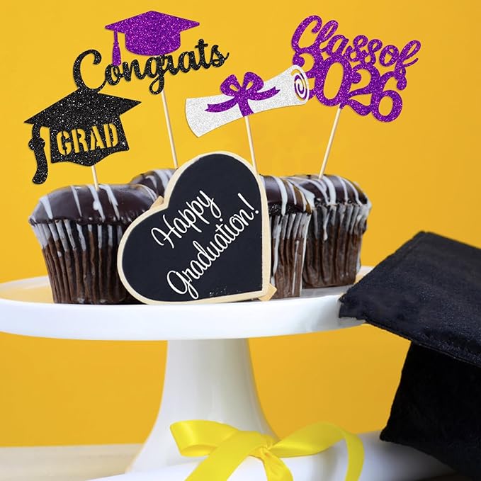 Purple Graduation Cupcake Toppers Decorations Class of 2026 Cupcake Topper Graduation Cup Cake Picks Congrats Grad Party Decor Supplies Set of 24
