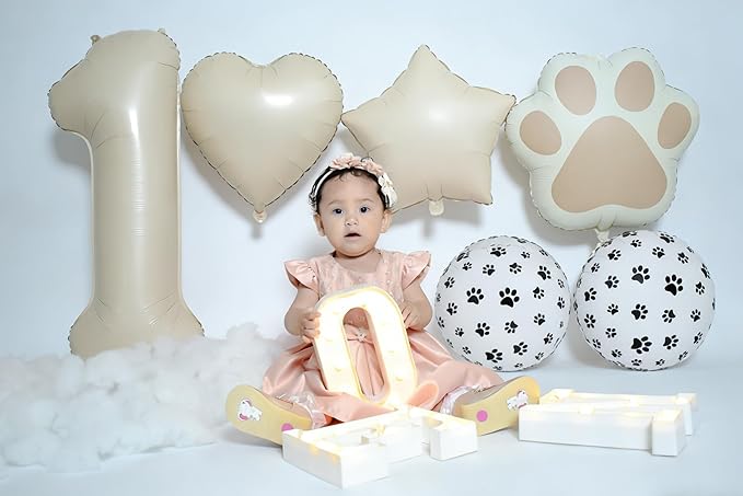1st Birthday Dog Paw Balloons Set,18'' Paw Prints, Heart,Star,Paw Shaped Foil Balloon 40 Inch Cream Number 1 Helium balloons for Puppy Themed Baby Shower First Birthday Party Decorations Supplies 6PCS