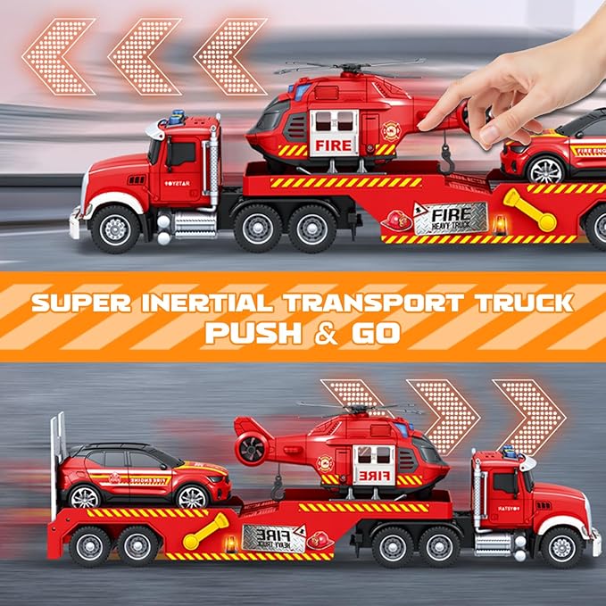 21" Large Semi Fire Truck with Helicopter & Racing Car,Fire Toys Car for Kids Toddlers 3 4 5 6 7, Friction Powered Vehicle with Lights & Sounds,Christmas Birthday Gift for Boys Girls