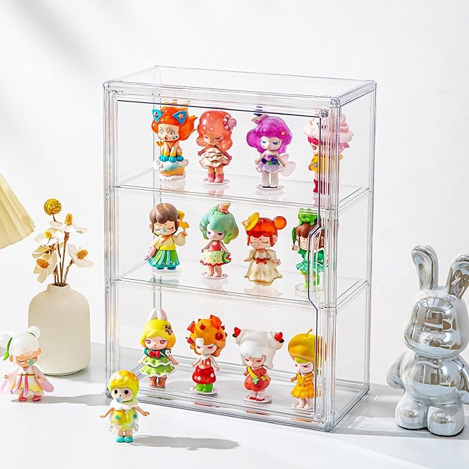 2 Pack Clear Display Case for Figures with Magnetic Door, Acrylic Display Cases for Collectibles, 3Tiers Acrylic Storage Organizers Box, Desktop or Wall-Mounted Showcase for Collectibles Action Figure