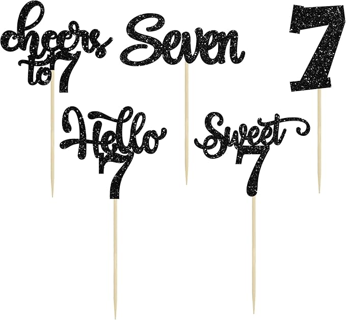 30Pcs 7th Birthday Cupcake Toppers Glitter Seven Happy 7 Cupcake Picks Cheers to 7 Years Old Cake Decorations for 7th Birthday Party Supplies Black