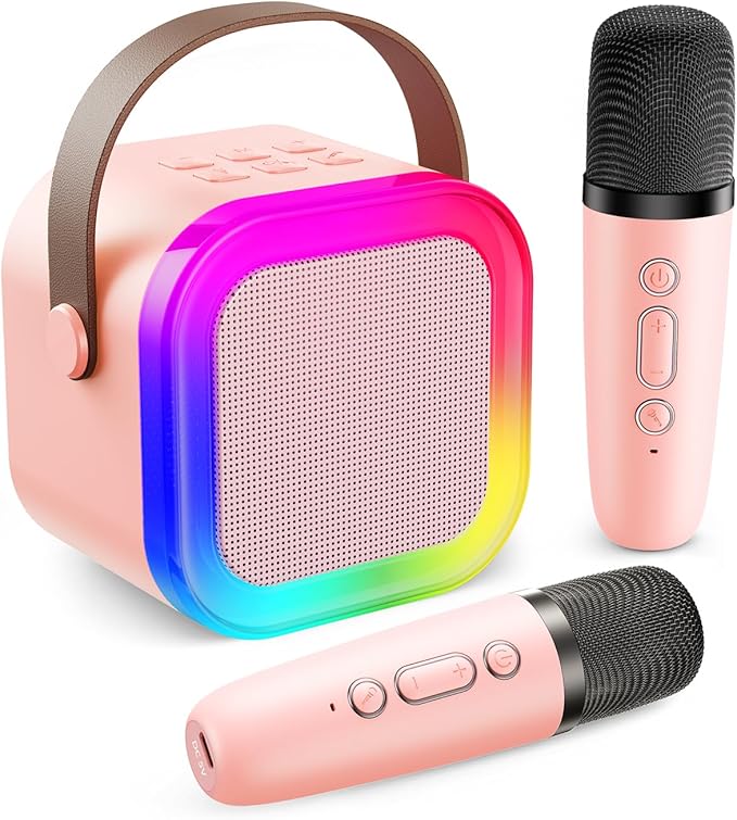 Fede Karaoke Machine for Kids Adults, Mini Karaoke Machine with 2 Wireless Microphones, Portable Bluetooth Speaker with Voice Changing Effects & LED Lights, Best Gifts Toys for Girls and Boys