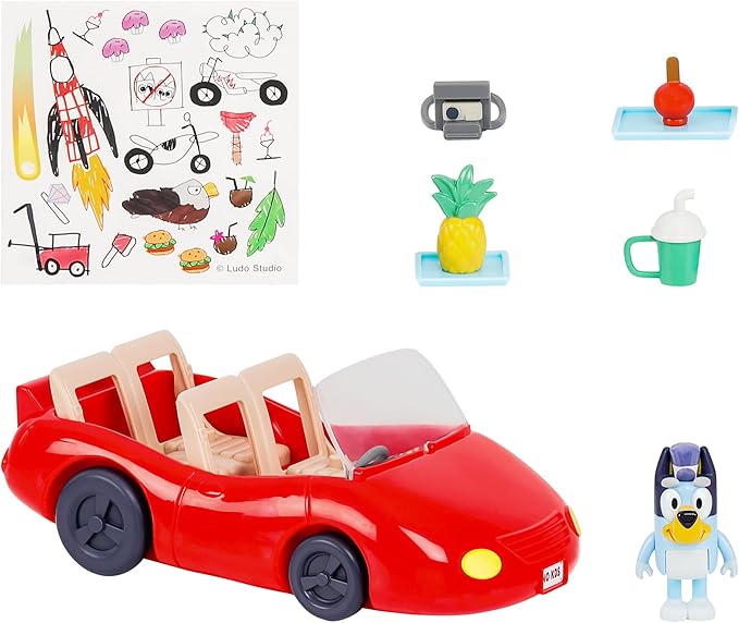 Bluey Figurine (2.5”) & Escape Convertible Vehicle Playset, Robust Toddler Toy Car with 4 Accessories and Stickers, Immersive Toys for Kids Ages 3+