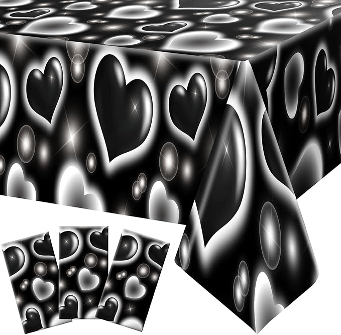 Tudomro 3 Pack 2000s Tablecloth Decoration 54 x 108 Inches Cholo Party Table Cover Y2k Party Decoration Heart Disposable Kpop Table Cloth for Birthday Supplies(Black)