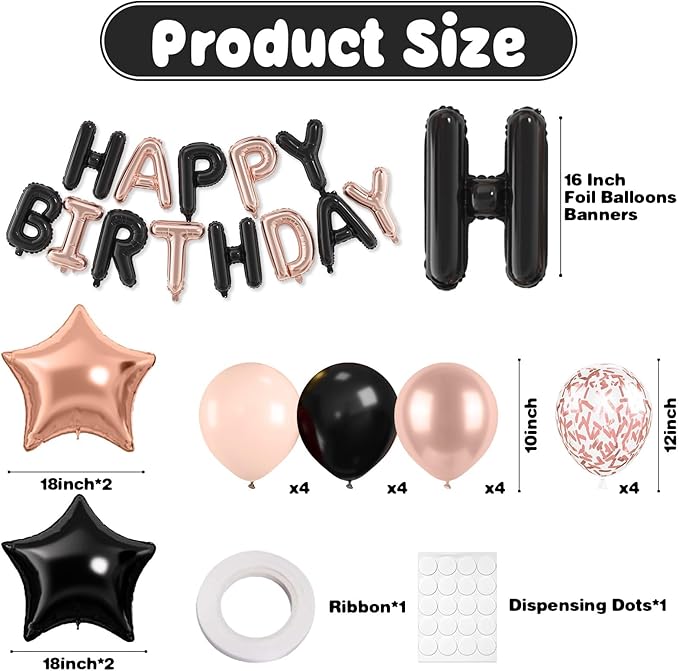 29PC Black Rose Gold Happy Birthday Balloon Banner, 16 Inch 3D Aluminum Letter Banner Sign, Pearl Metallic Rose Gold Black Balloon 18 Inch Star Foil Balloons for Women, Men Party Supply