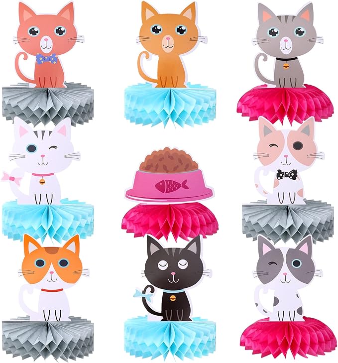 Chinco 9 Pcs Cat Party Centerpieces for Tables Birthday Decorations Honeycomb Cat Party Supplies Table Topper Decoration for Bridal Shower Wedding Birthday