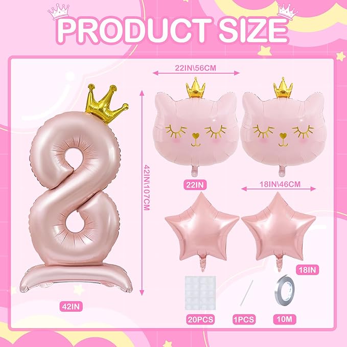 Pink Cat Balloon Set, Crown Cat Foil Balloon, 8 Year Old Girl Birthday Party Decoration, Cat Theme Party Decoration, Theme Party Supplies for Girls Kitten Pet Cat (8)