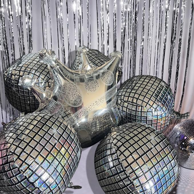 Holographic Mirror Disco Ball Set, 18-Inch Glass Tiles, Party Decoration with Silver Crown Balloon