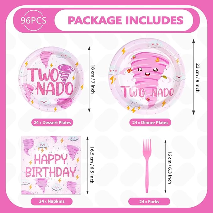 Grencian 96Pcs Two Nado Party Supplies Pink Tornado 2nd Birthday Plates and Napkins Tableware Sets Two Nado Party Decorations Favors for Girls Baby Shower 2 Year Old Birthday Supplies Serves 24