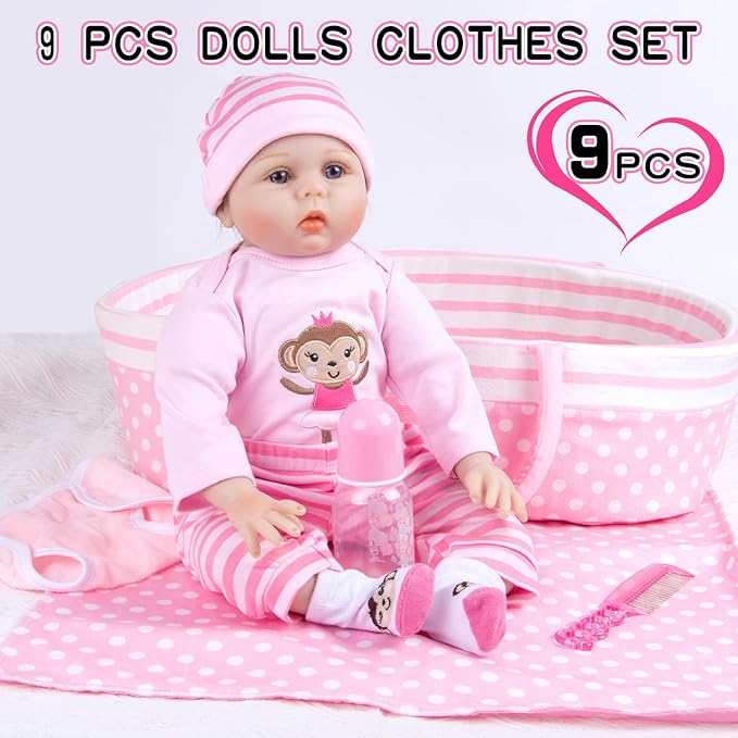 9 Pcs Set Reborn Baby Dolls Clothes with Pink Dot Bassinet for 17-22 Inch Reborn Dolls,Realistic Baby Doll Accessories Outfit fit Newborn Baby Doll Girl