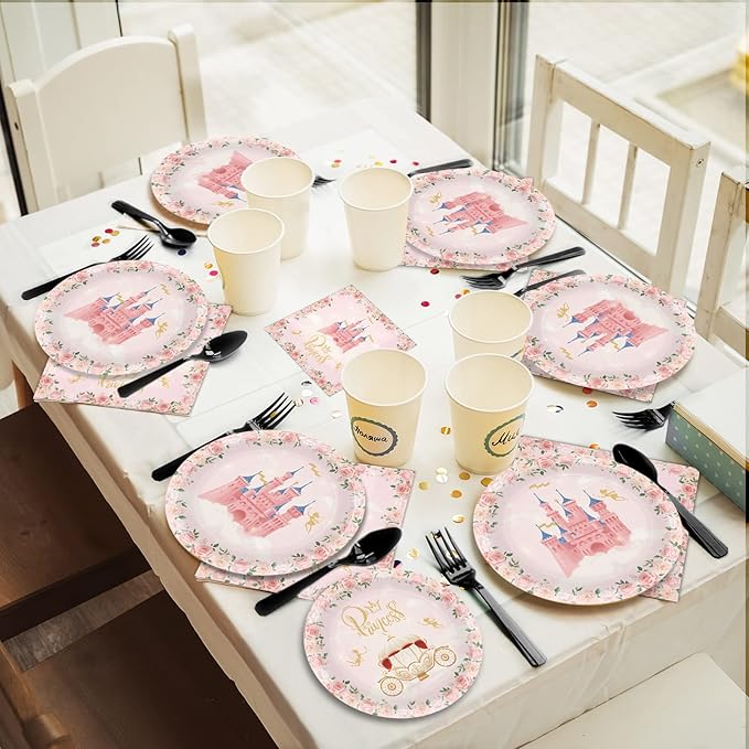 96 Pcs Princess Party Supplies - Pink Floral Tableware Set With Plates and Napkins for Girls Birthday Baby Shower - Decorations and Favors Serving 24