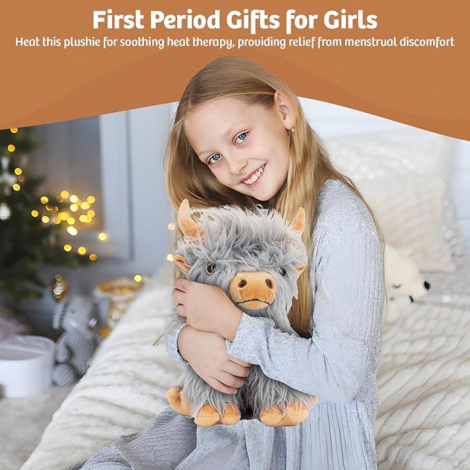 Marysun Highland Cow Stuffed Animal Toy, Gray Microwavable Highland Cow Gift for Girls and Kids