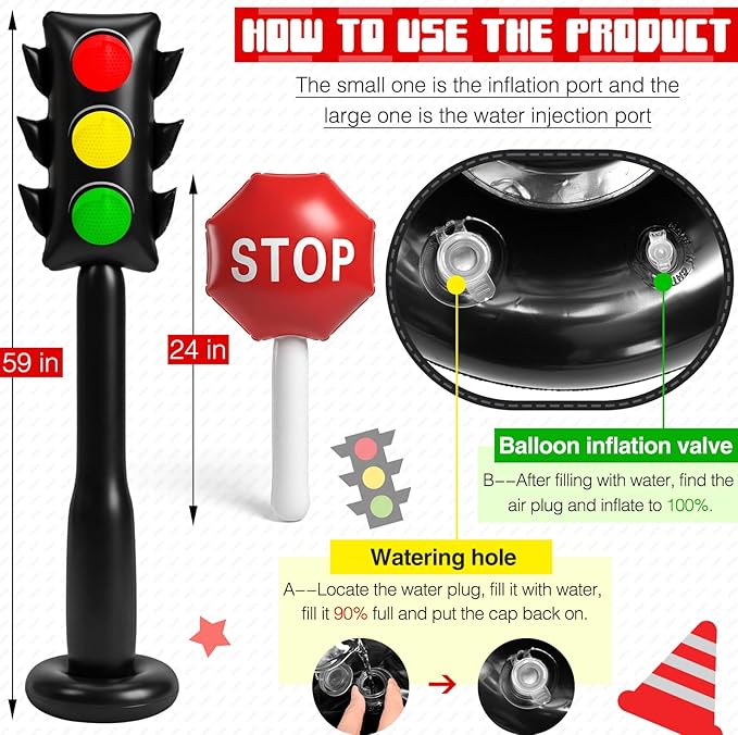 3 Pcs 59 Inch Jumbo Inflatable PVC Traffic Light Balloons and 24 Inch Stop Sign Balloon for Racing Car Birthday Party Decorations Traffic Vehicle Birthday Party Supplies