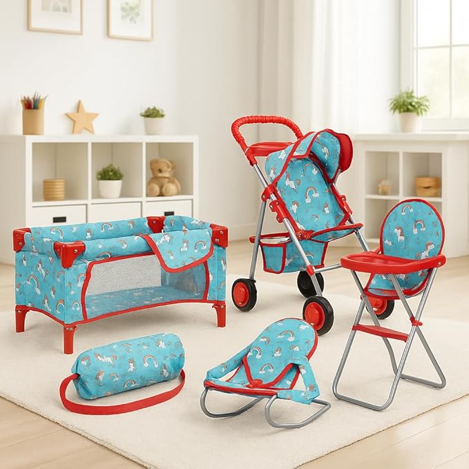 Fash n kolor® 4 Piece Doll Play Set, Doll Accessories Gift, Toy Set -Unicorn Design Includes, Doll Foldable Bed, Doll Stroller, Doll High Chair and Doll Seat, Dolls Gift Set (4 Piece Set)