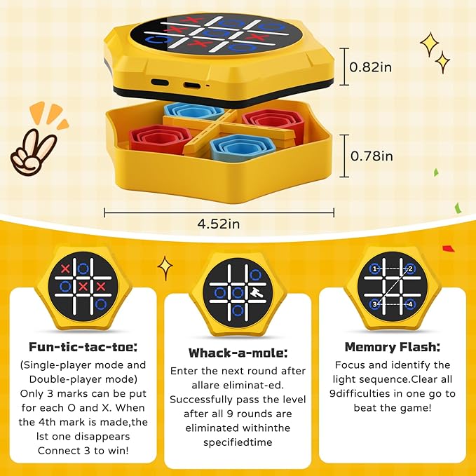 Tic Tac Toe Bolt Game,5 in 1 Handheld Puzzle Games Console,Electronic Tic Tac Toe Game for Educational&Memory,Portable Travel Games for Car Ride with Silent Mode,Toys Gift Idea for Kids&Family-Yellow
