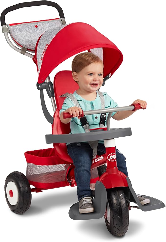 Radio Flyer Ultimate All-Terrain Stroll ’N Trike, Ages 1-5, Convertible 4-in-1 Tricycle, All-Terrain Tires, Parent Push Handle, UV Canopy, Accessories, Safety Harness, Stroller Tricycle for Toddlers