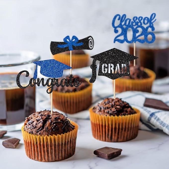 Blue Graduation Cupcake Toppers Decorations Class of 2026 Cupcake Topper Graduation Cup Cake Picks Congrats Grad Party Decor Supplies Set of 24