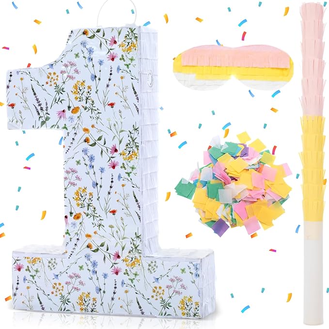 Wildflower Number Pinata Birthday Decorations Spring Floral Pinata with Stick Blindfold Confetti for Birthday Party Supplies Baby Shower Decor (Number 1)