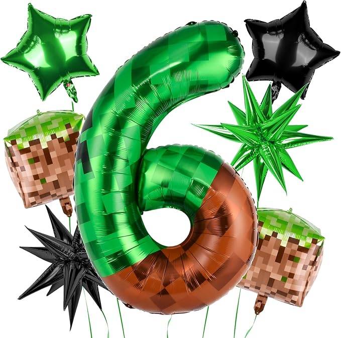 40 Inch Green Pixel Miner Number 6 Balloon Set, 7Pcs MIning Large Foil Balloon Video Game Themed Party Party Decorations for Kids' Anniversary Balloon Party Supplies Supplies