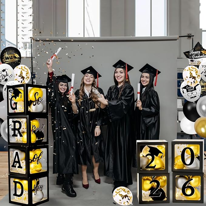 Graduation Decorations Class of 2026 - Black and Gold Graduation Decorations - Balloons Boxes with Letters 2026 GRAD So Proud of You, Congrats Grad Party Decorations for Any Grades