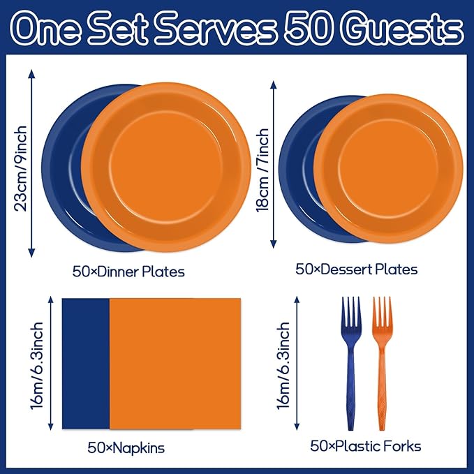 200 Pcs Orange and Blue Birthday Decorations Dart War Party Supplies Orange Blue Paper Plates and Napkins Tableware Set for Baby Shower Party Favors for 50 Guests