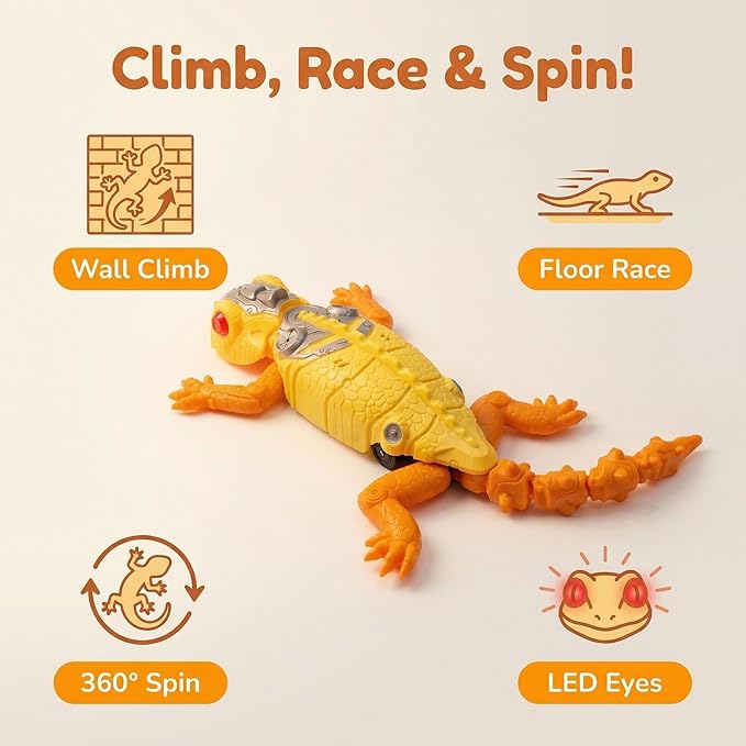 RC Wall Climbing Gecko, 360° Spin Zero Gravity Stunt Robot, Rechargeable Remote Control Lizard with LED Eyes, Dual Mode Floor & Ceiling Racer, Scary Prank Toy Gifts for Boys & Girls Ages 4-12 (Yellow)