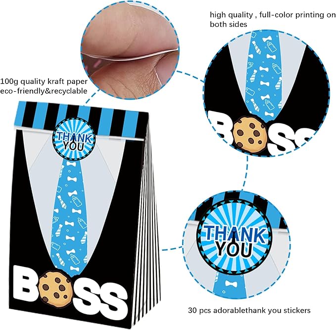 BOSS Party Favor Gift Bags 24 PCS with 30 Stickers for Blue Black Boy Birthday Baby Shower Goodie Candy Treat Bags Party Decoration Supplies